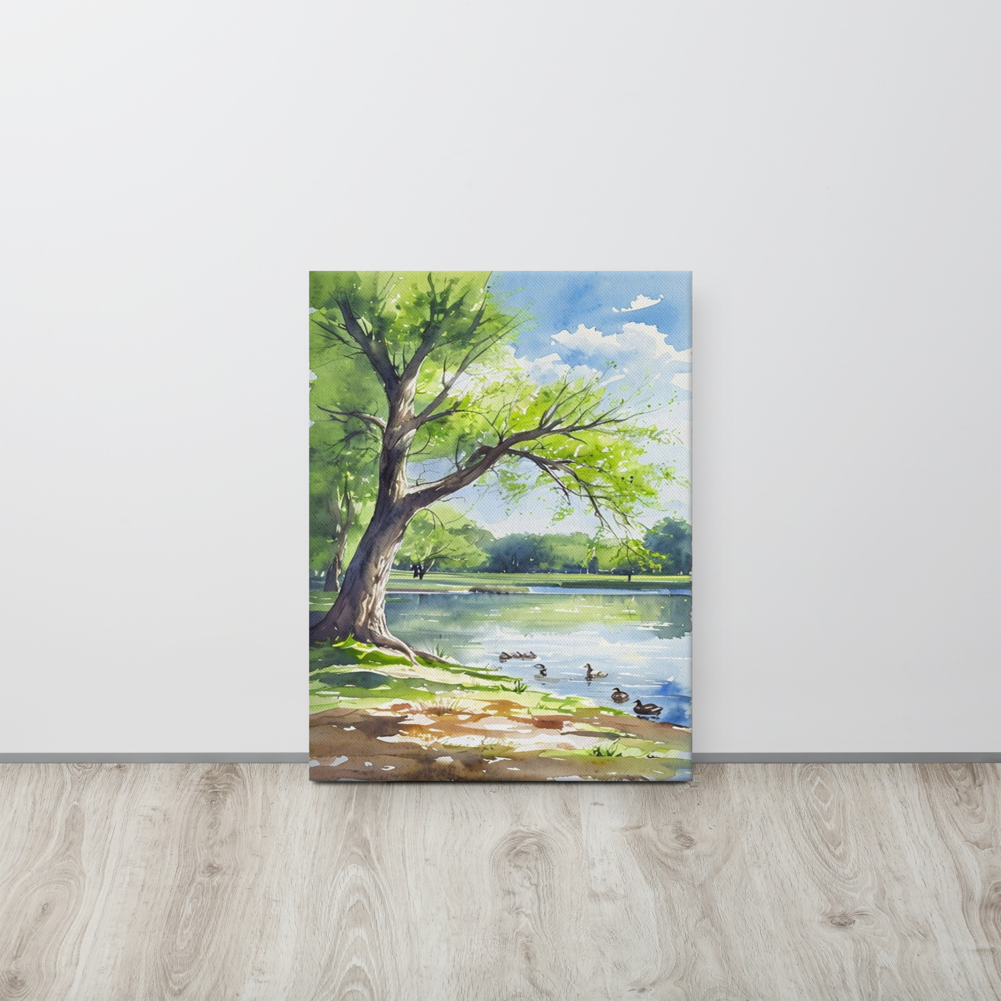 Tranquil Lake Scene Watercolor Painting - Ducks and Tree Reflection Art