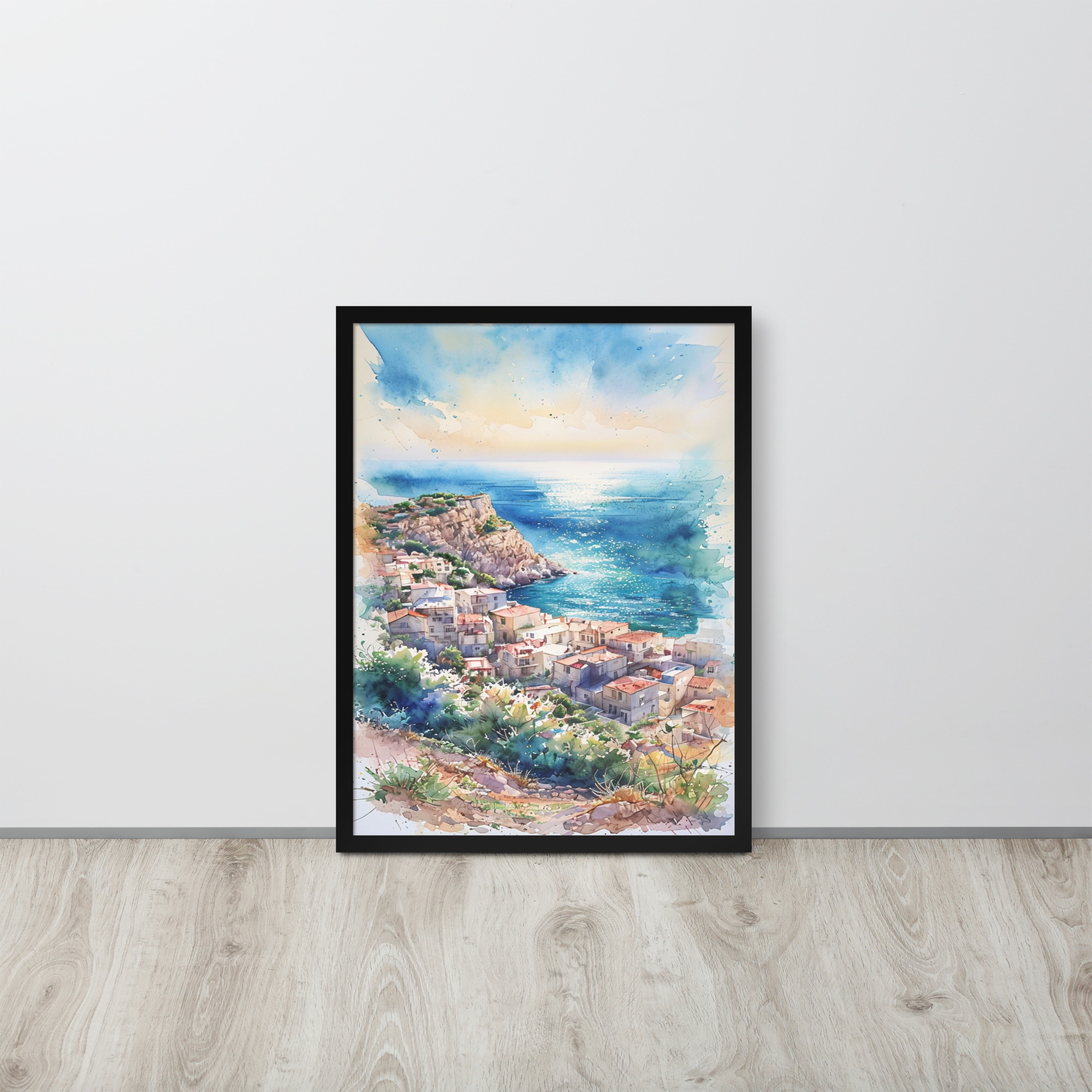 Vibrant Watercolor Painting of a Tranquil Coastal Town