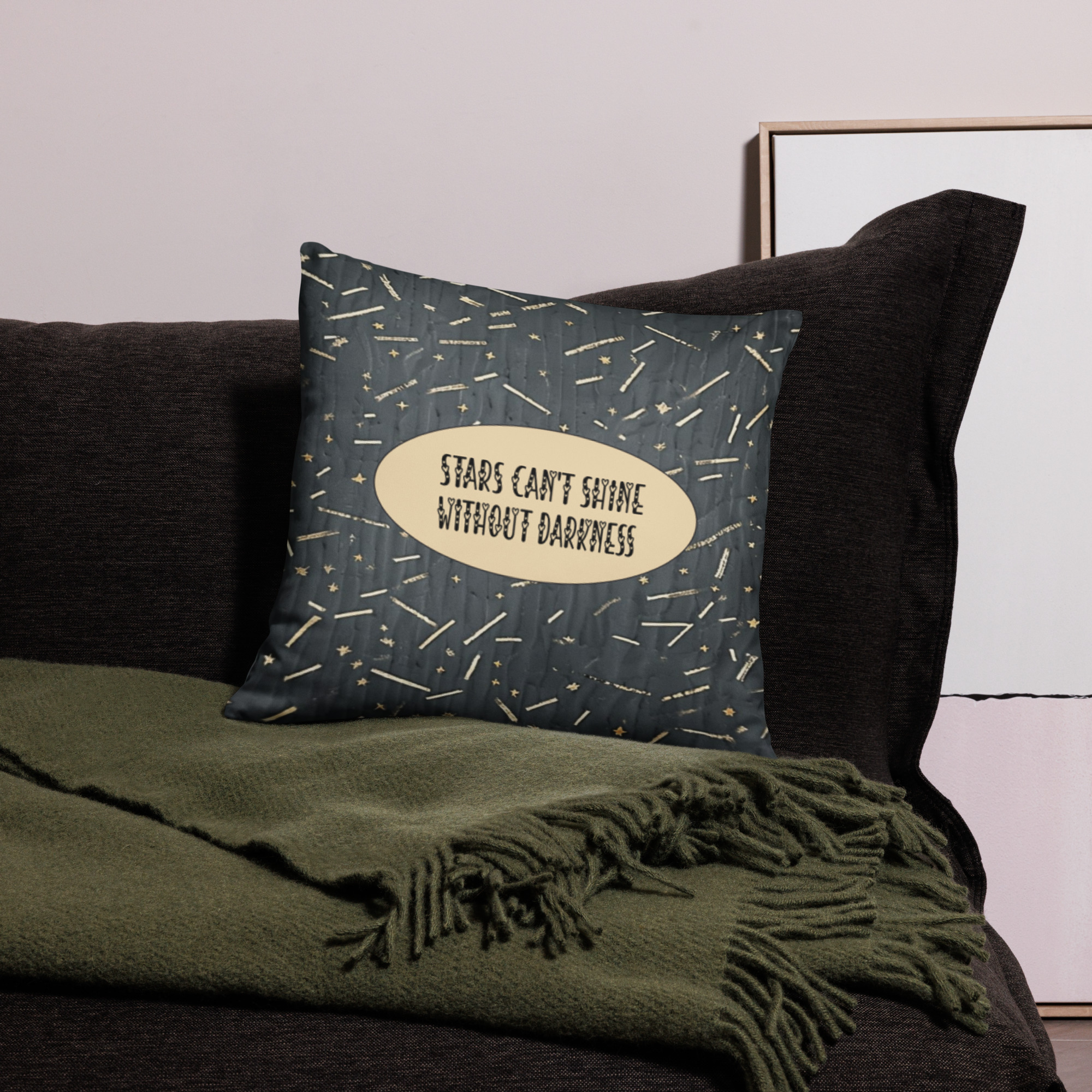 Stars Can't Shine Without Darkness pillow quote with inspirational typography and star graphics on decorative throw pillow