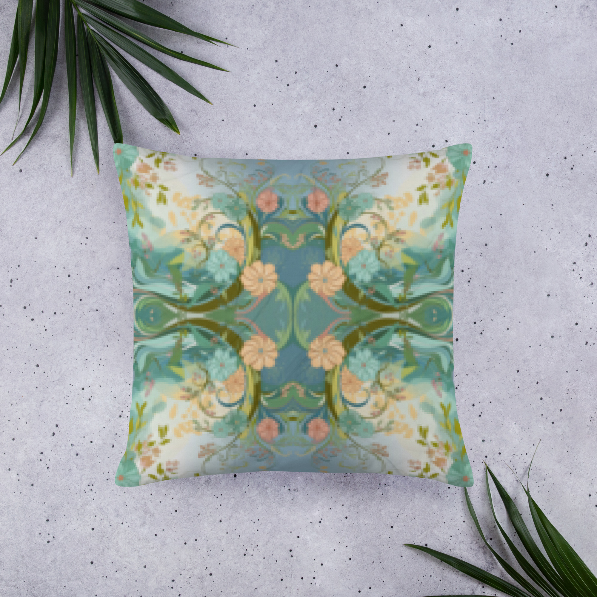 decorative cushion with symmetrical floral pattern featuring vintage roses and green foliage in watercolor style against pale background