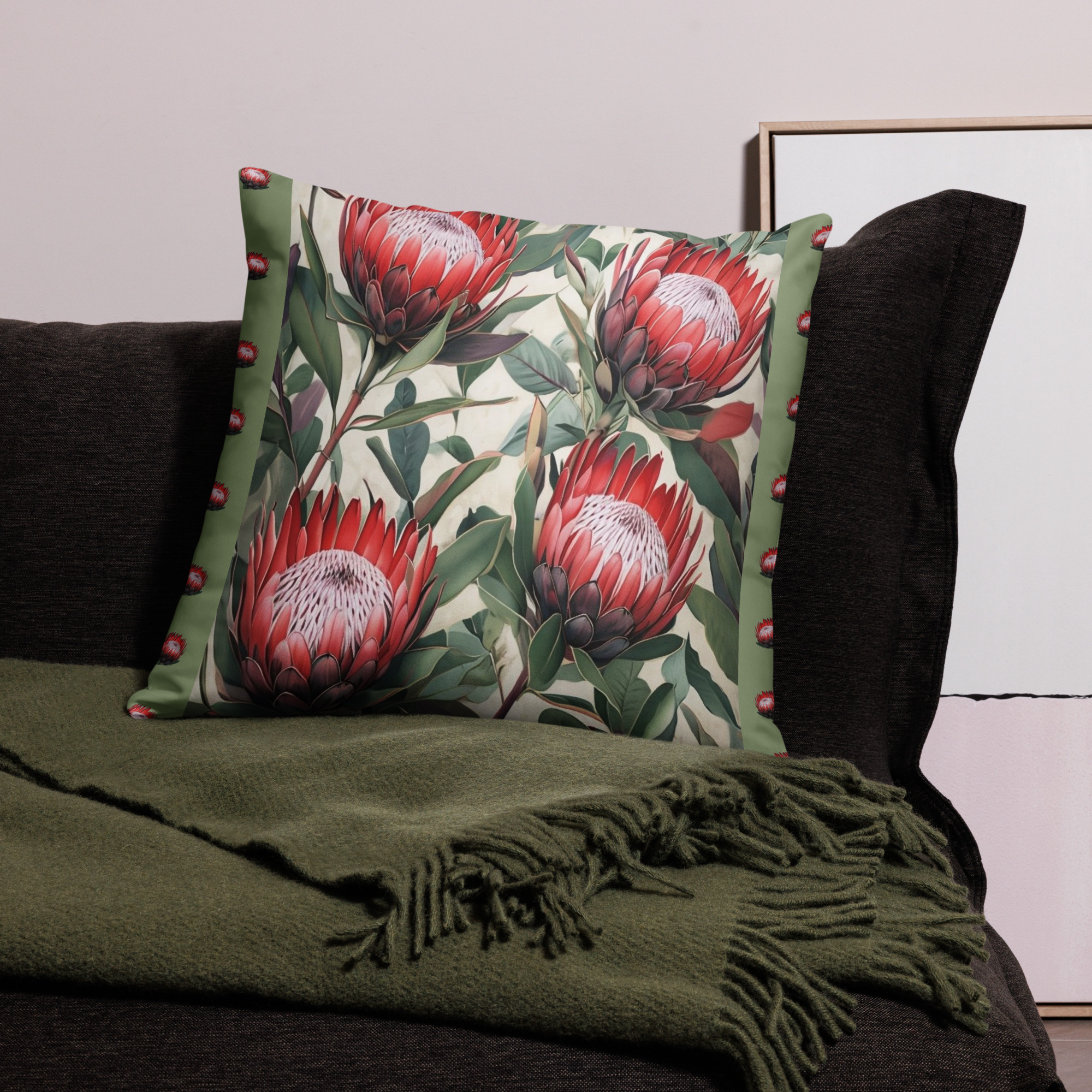 Protea Flower Pillow with large pink coral protea blooms and detailed green foliage on tropical botanical decorative throw pillow