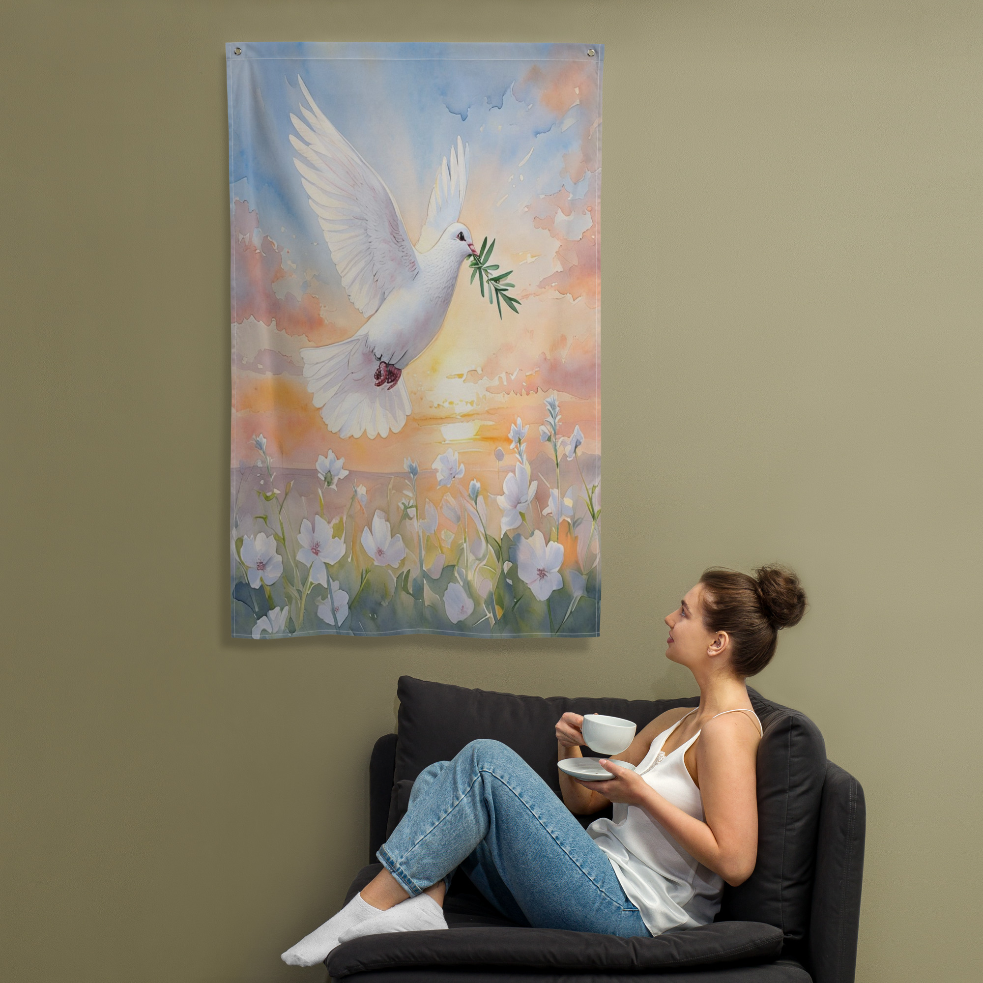 Flag-Peaceful Dove with Olive Branch – Watercolor Art-Peace Print-Flag