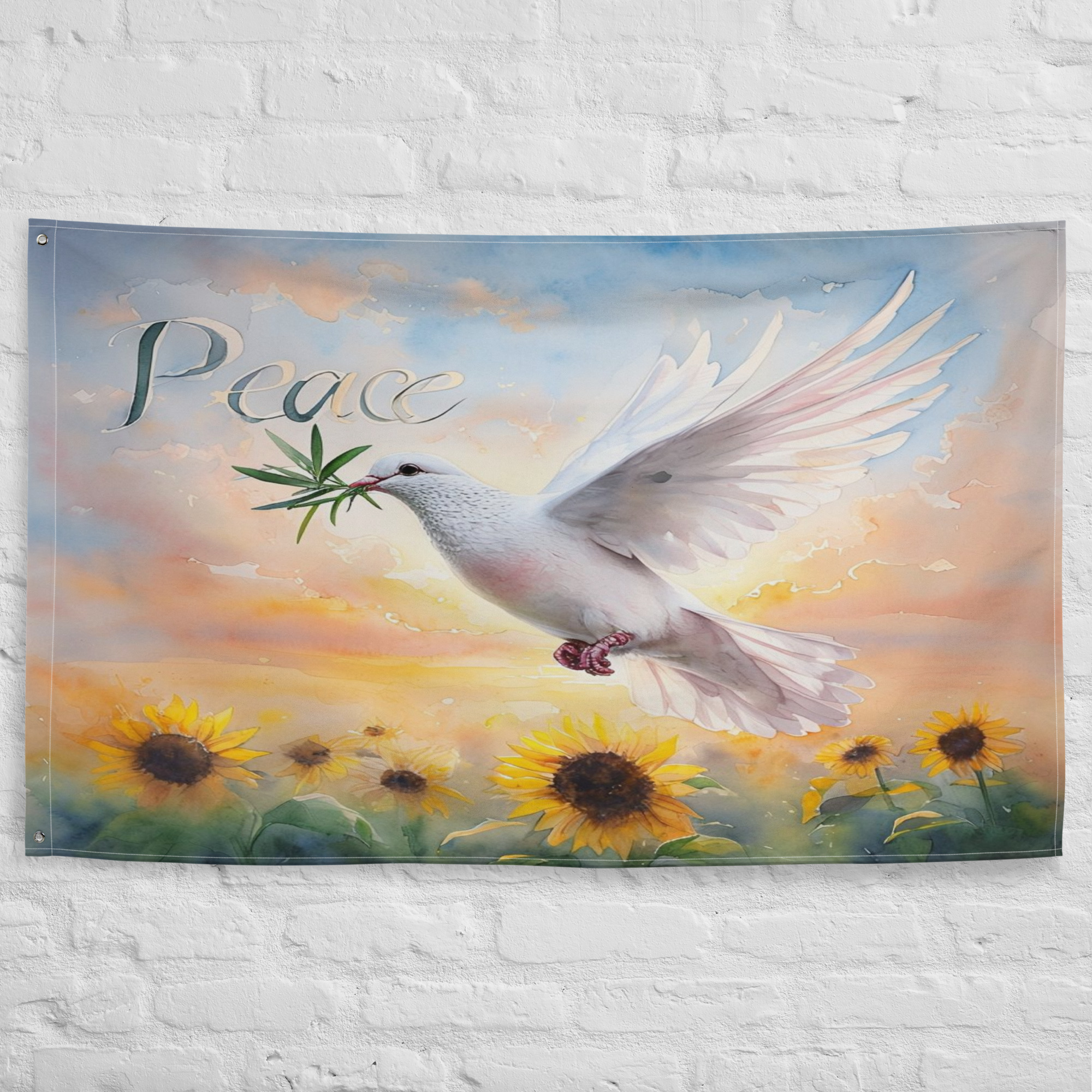 Flag - Peaceful Dove with Olive Branch at Sunset – Watercolor Art