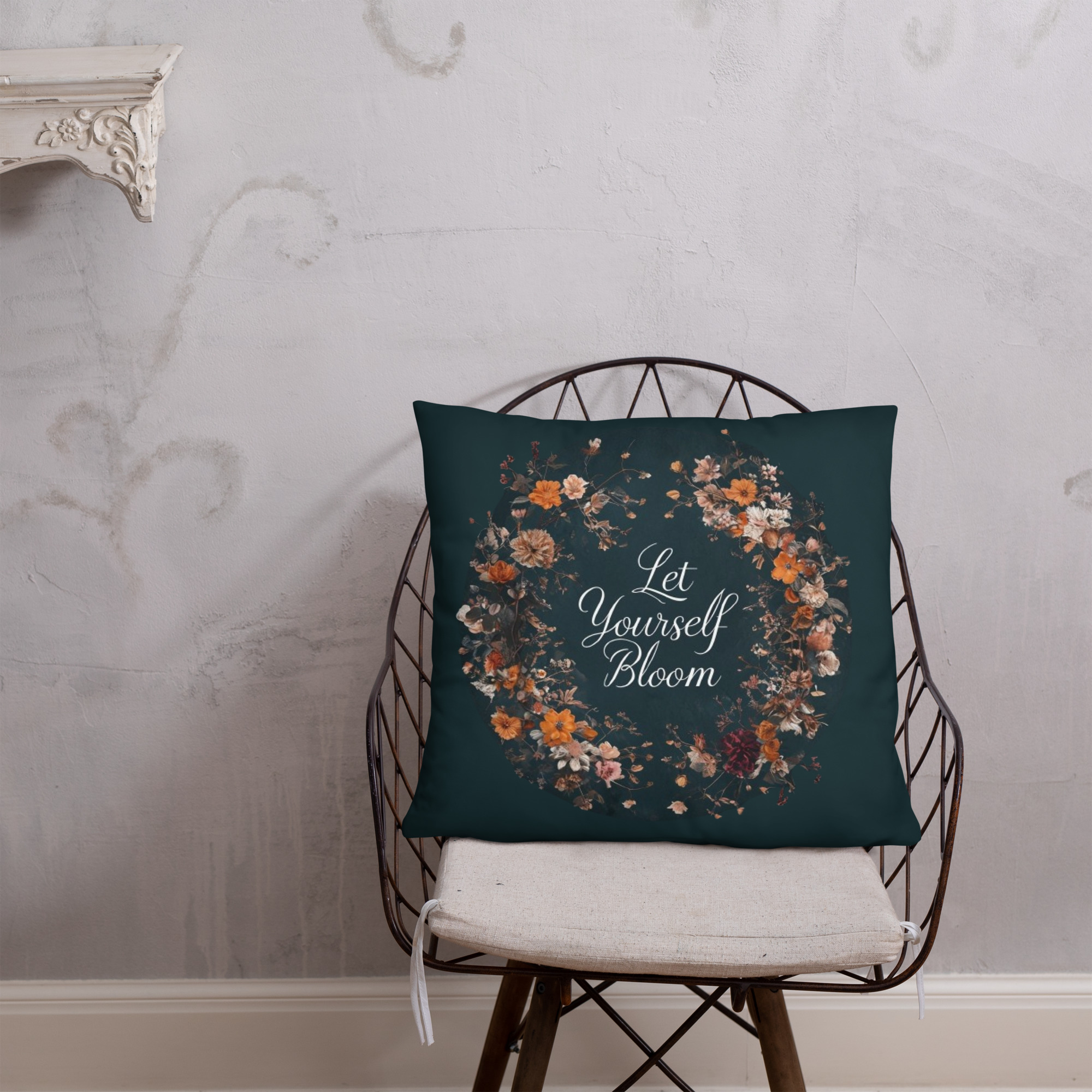 Floral Crown Pillow with "Let Yourself Bloom" text surrounded by delicate botanical crown design in soft colors