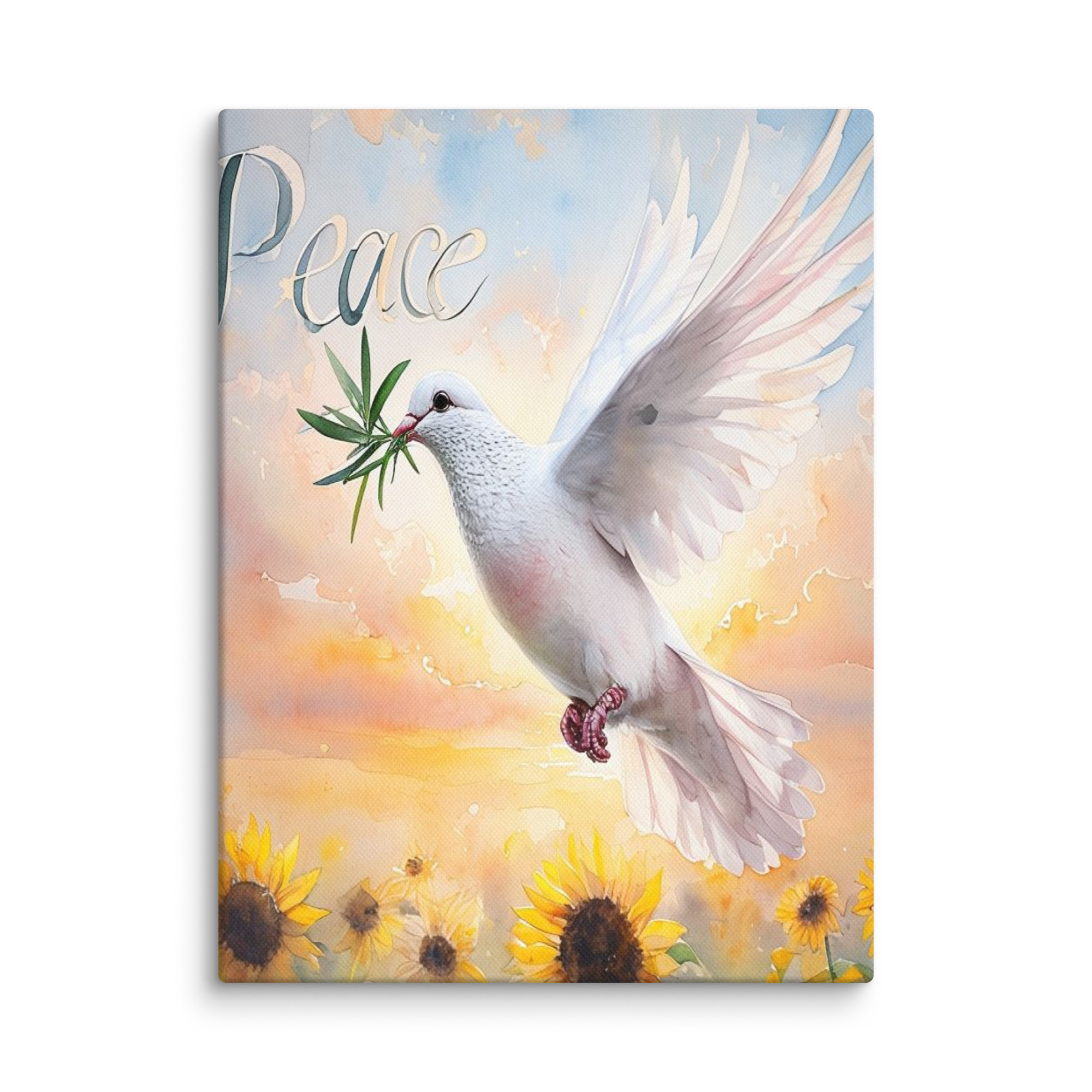 Peaceful Dove with Olive Branch at Sunset watercolor painting showing white dove flying against golden sky