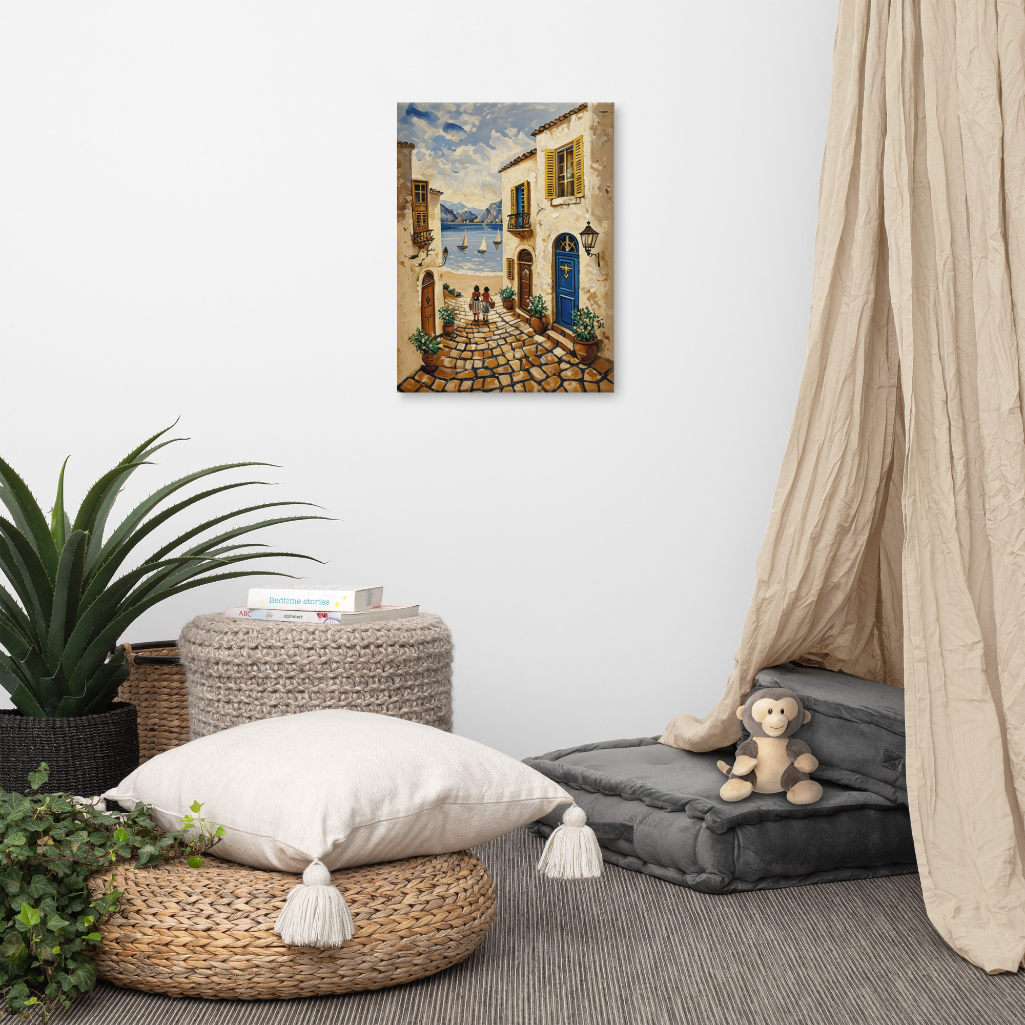 Mediterranean coastal village painting showing cobblestone street with blue door, stone buildings, and sea view in background - perfect wall art for coastal home decorRéessayerV