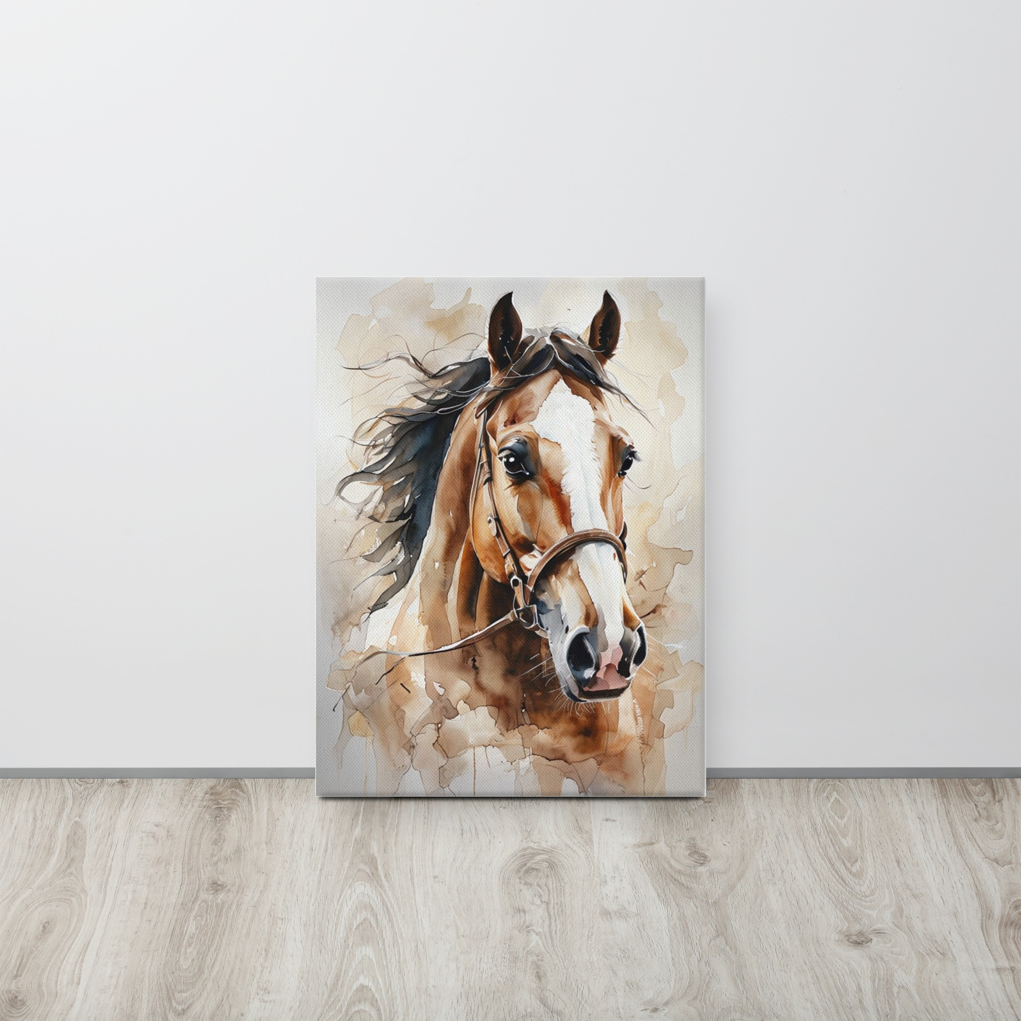 Horse Head Watercolor showing realistic brown horse portrait with flowing dark mane and gentle expression