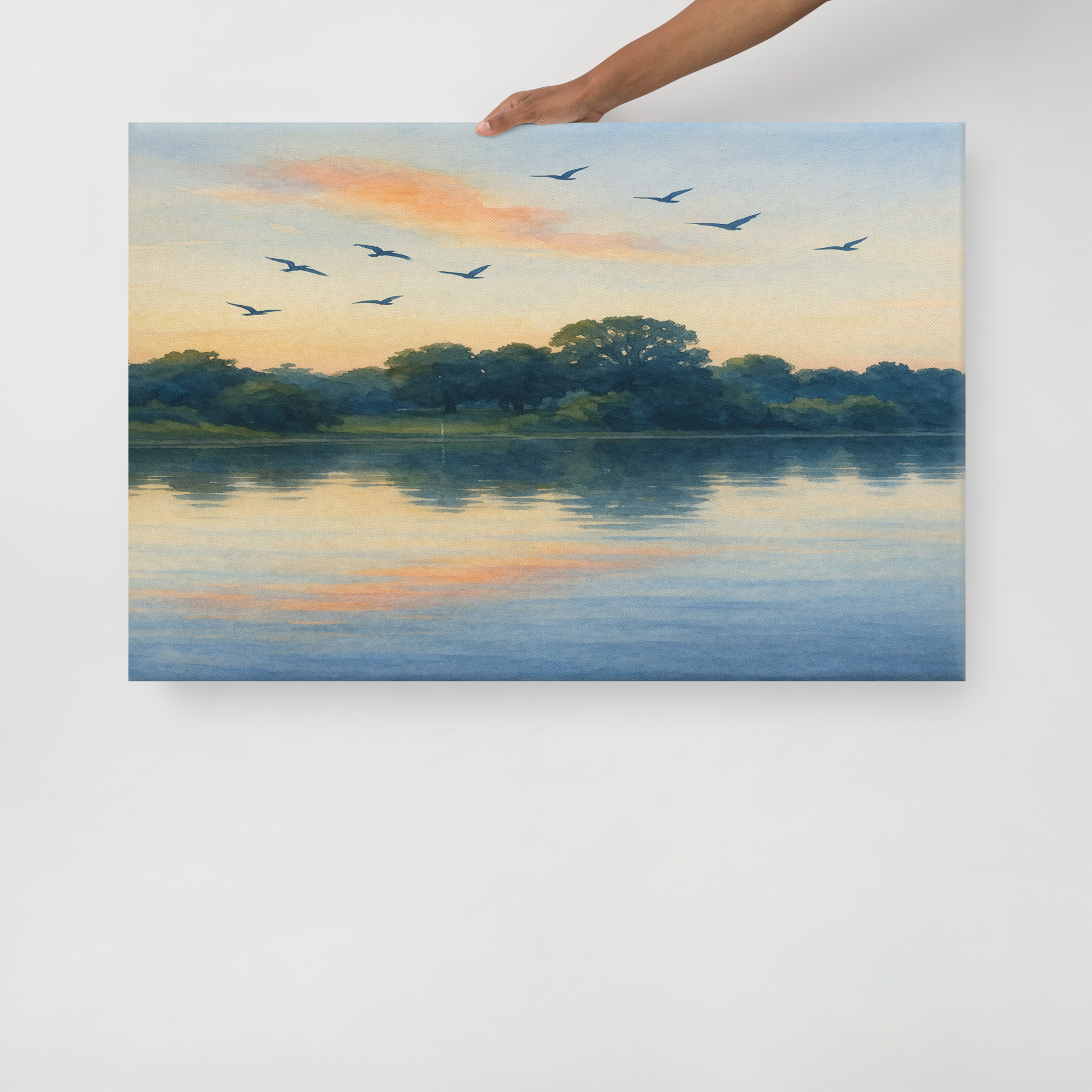 Serene Lake Sunset Watercolor - Birds in Flight Landscape Wall Art
