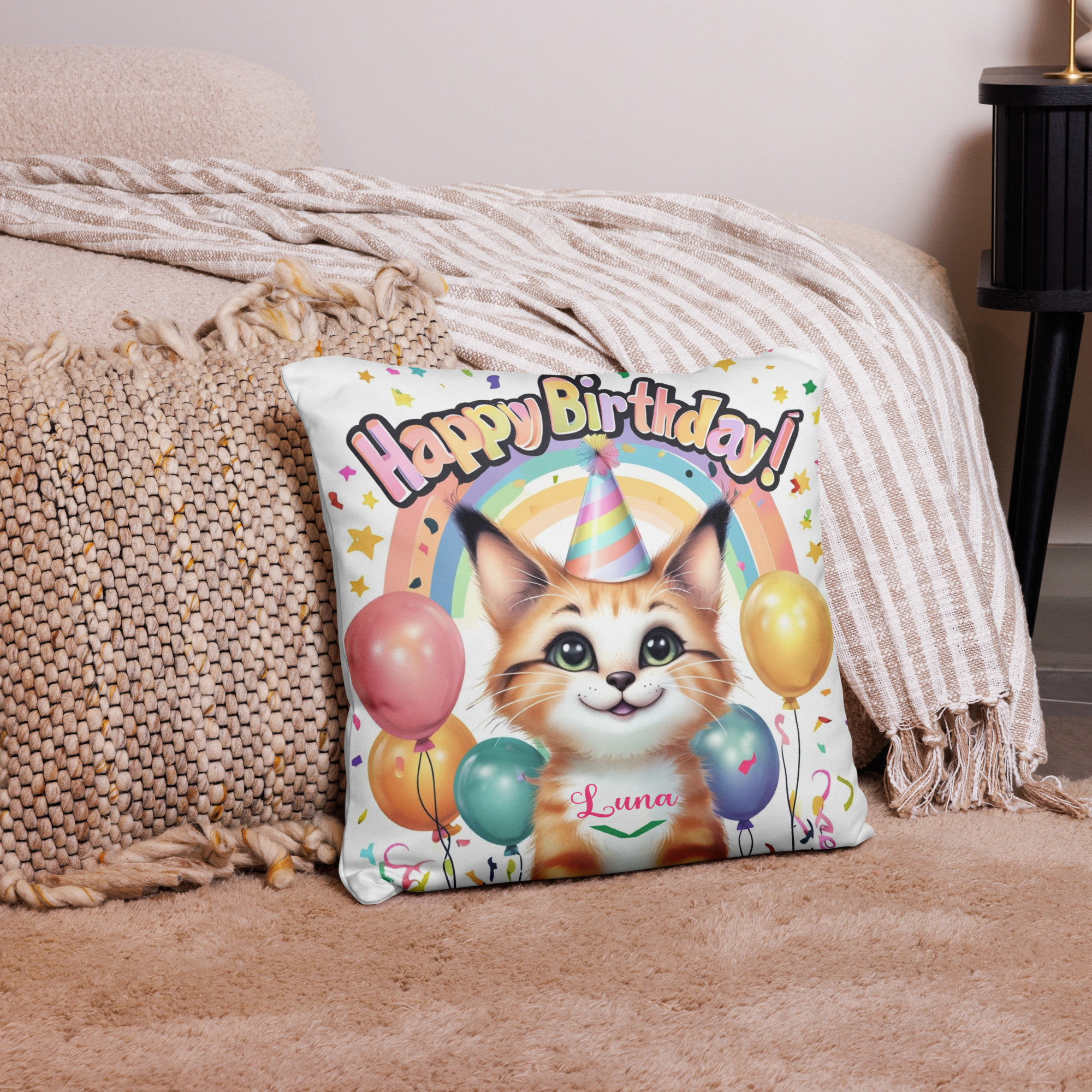 Happy Birthday Cat Pillow with cute cat illustrations and festive birthday design elements in colorful pattern