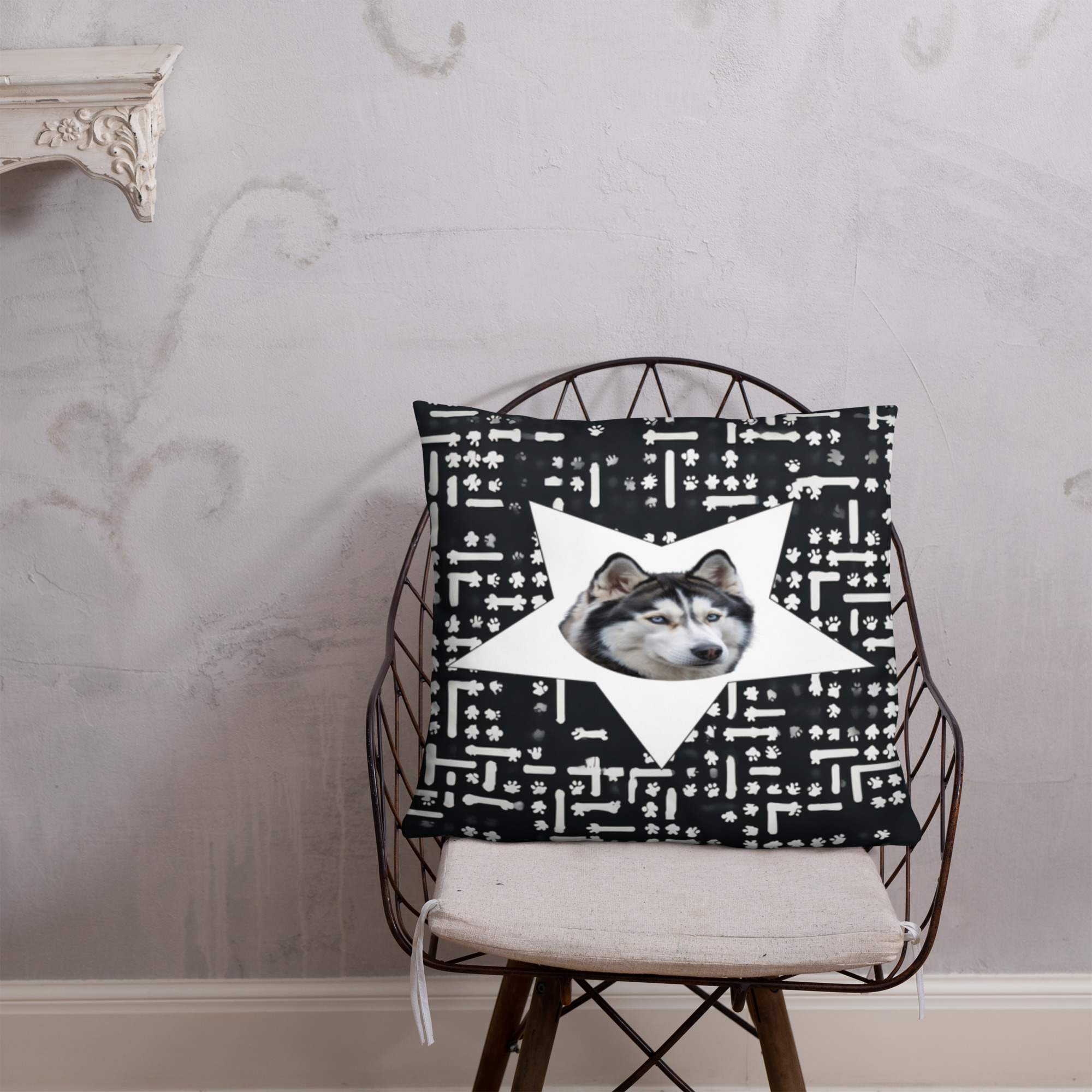 Siberian husky cushion with realistic gray and white husky face on black background featuring white geometric maze-like pattern design