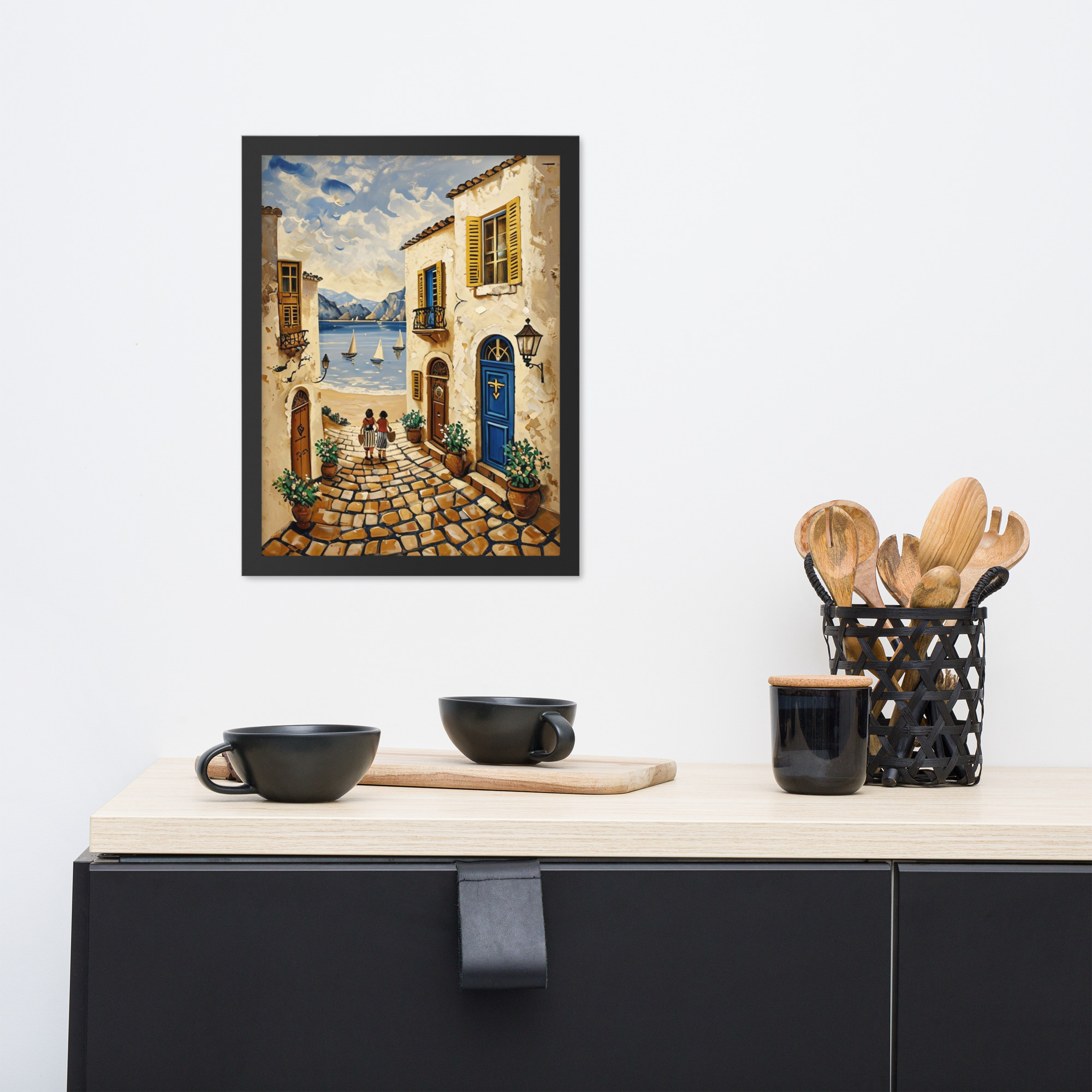 Coastal village painting showing Mediterranean seaside street with blue door, stone buildings, and ocean view - perfect wall art for coastal home decor