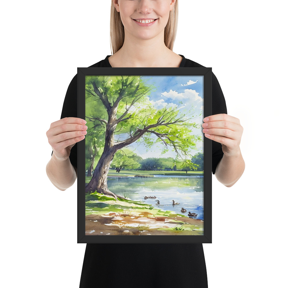 Tranquil Lake Scene Watercolor Painting - Ducks and Tree