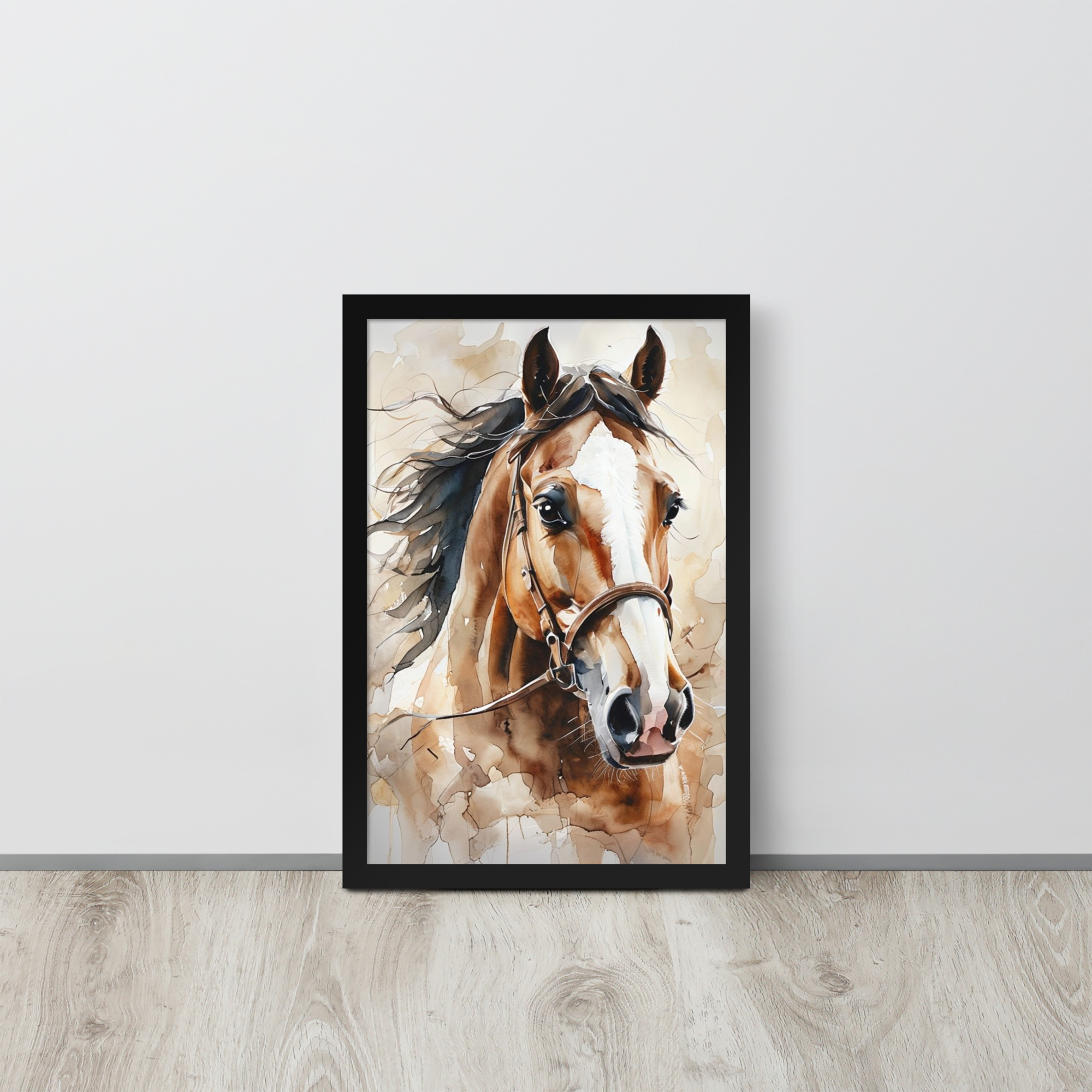 Horse Head Watercolor showing realistic brown horse portrait with flowing dark mane and gentle expression