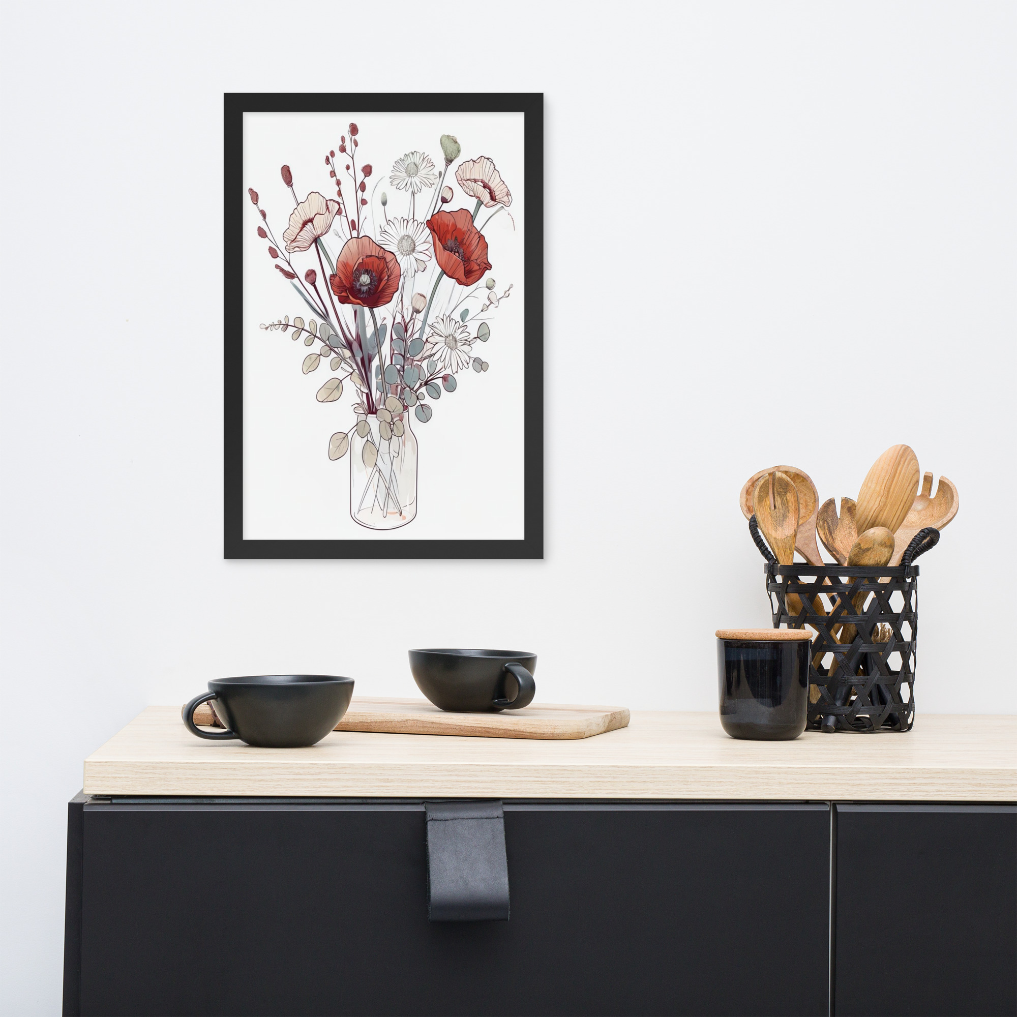Framed botanical illustration of poppies and foliage in a vase, styled with earthy tones and abstract background.