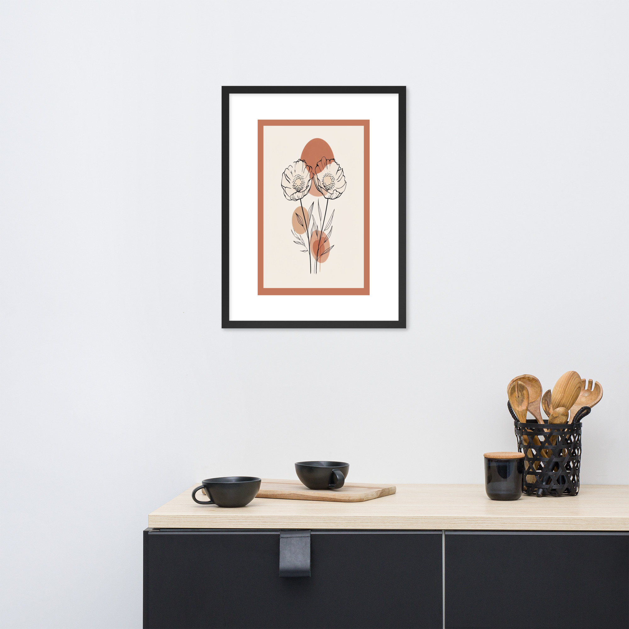 Minimalist botanical line art showing two simple flower drawings with terracotta colored abstract circles on neutral background