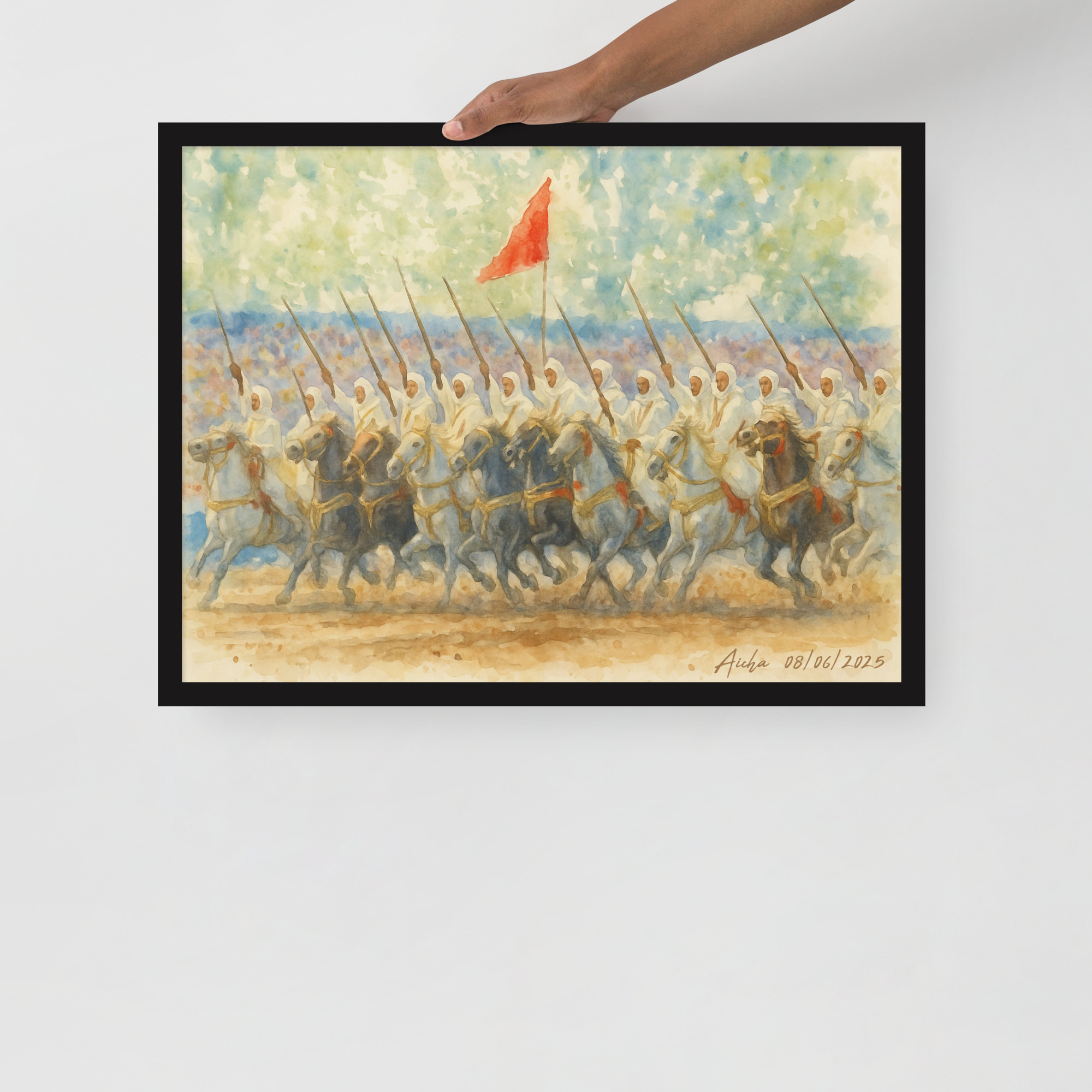 Cultural Equestrian Display – Traditional Moroccan Fantasia Horsemen Watercolor Art