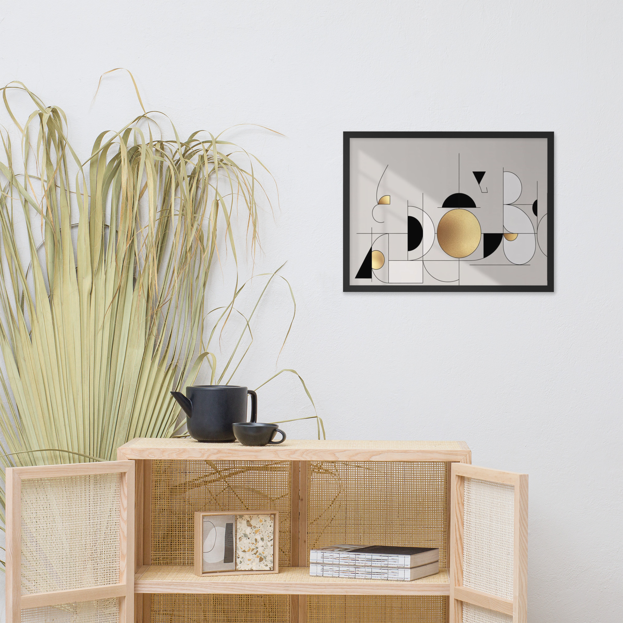 Black, White, and Gold Geometric Wall Art featuring abstract circles and angular shapes in modern minimalist style