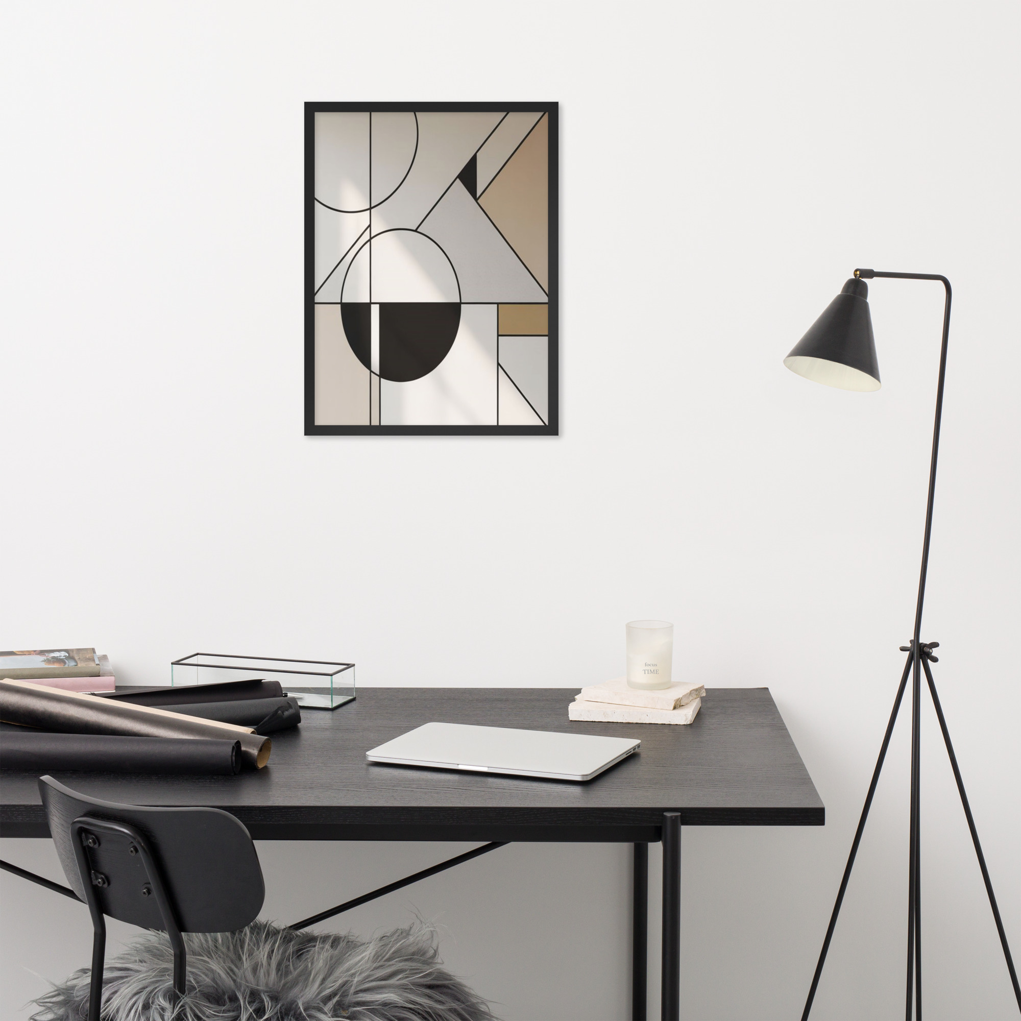 Modern Minimalist Living Room Painting showing geometric shapes in black, white, and gold with clean lines and abstract design