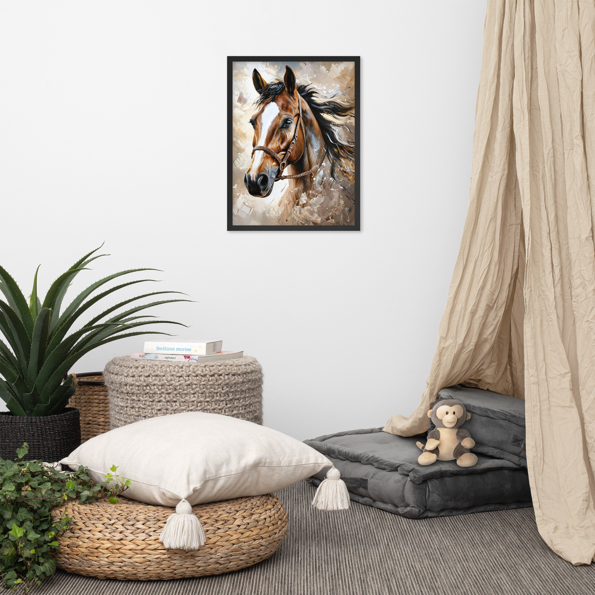 Western Horse Artwork showing realistic brown horse portrait with flowing dark mane in watercolor style