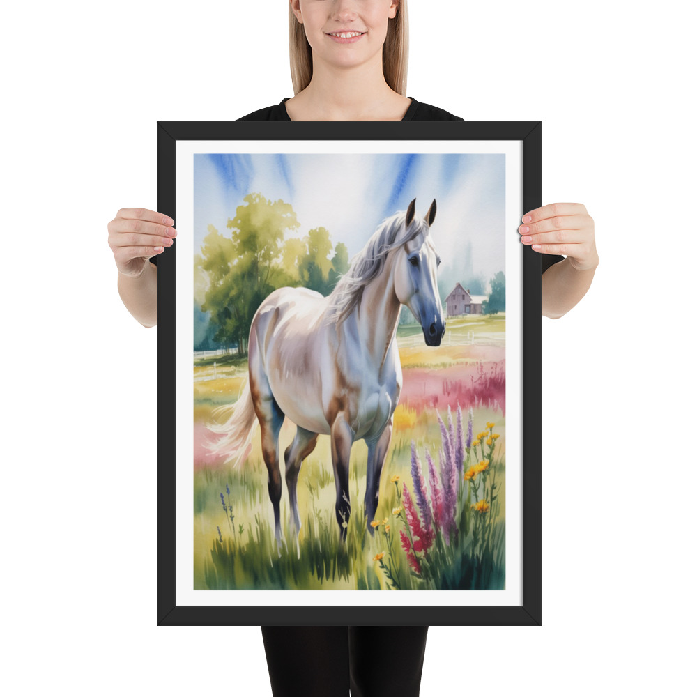 Majestic White Horse in Wildflower Meadow-Watercolor Art Print