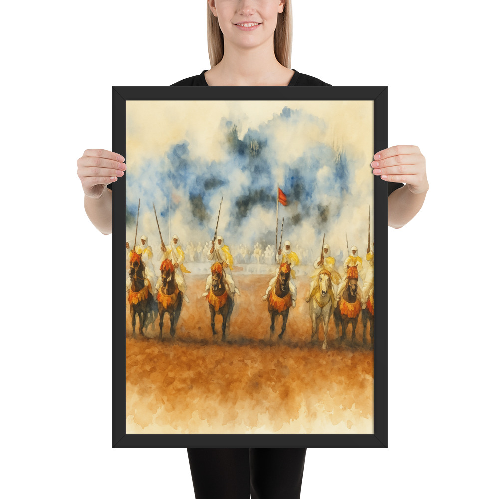 Traditional Moroccan Fantasia in Watercolor showing horsemen charging with rifles during ceremonial performance
