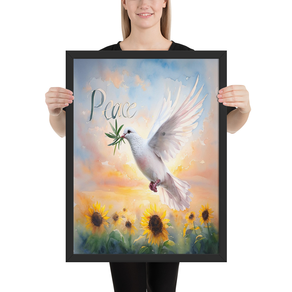 Watercolor Peace Symbol Art showing white dove carrying olive branch flying against golden sunset watercolor background