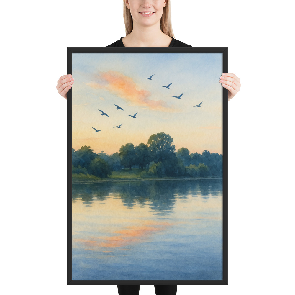 Serene Lake Sunset Watercolor - Birds in Flight Landscape Wall Art