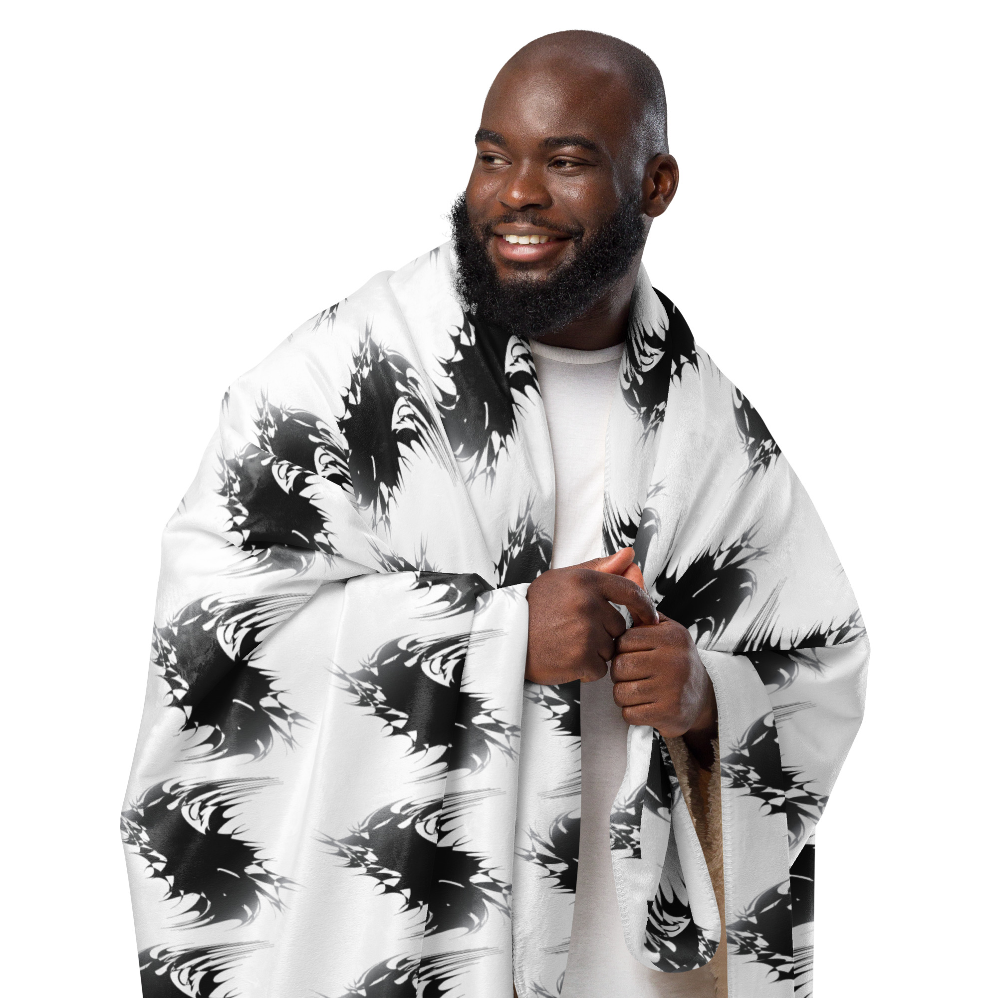 Sherpa blanket with repeating pattern design displayed against white background