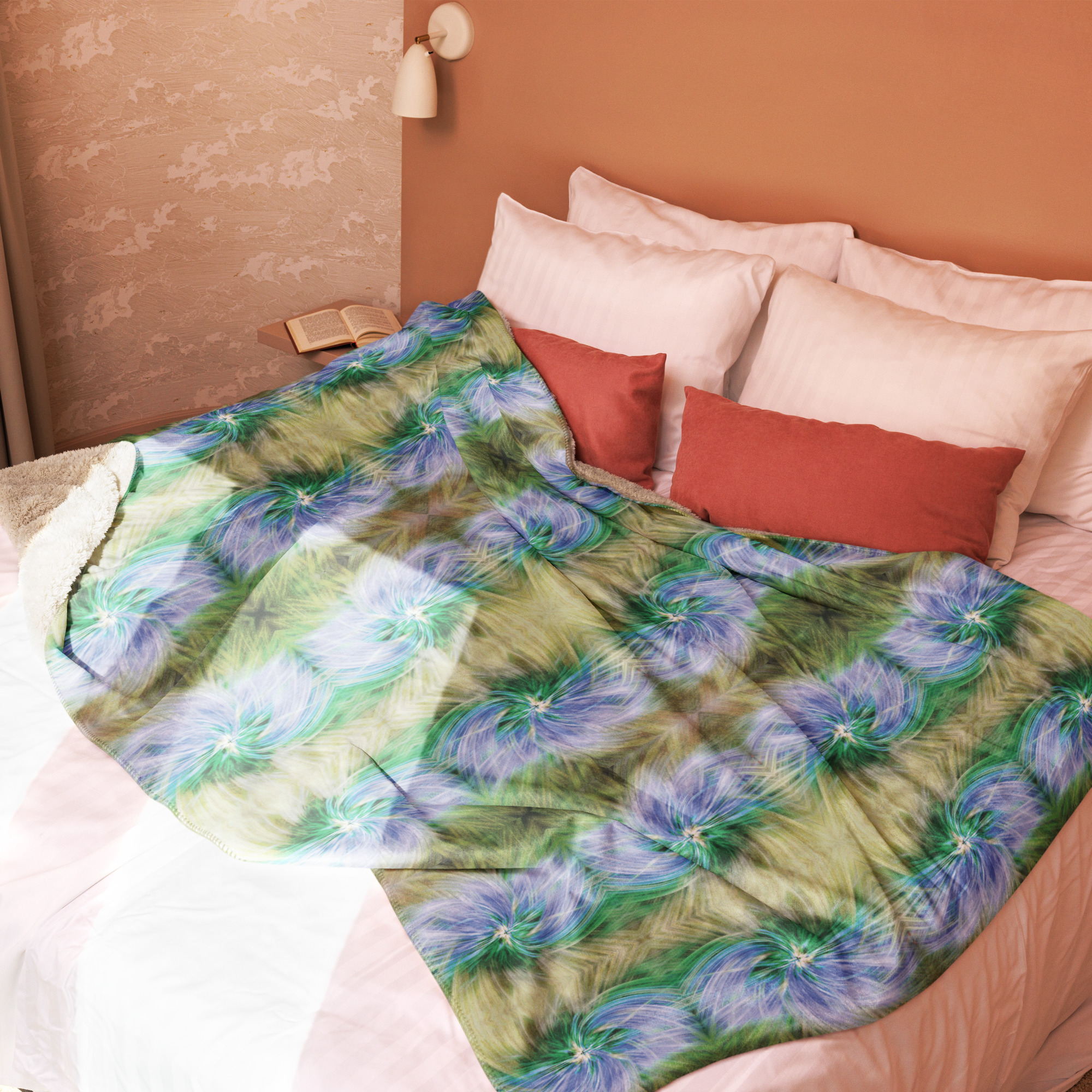 Blanket with serene chaos sublimated design featuring abstract tie-dye pattern in blue and green colors