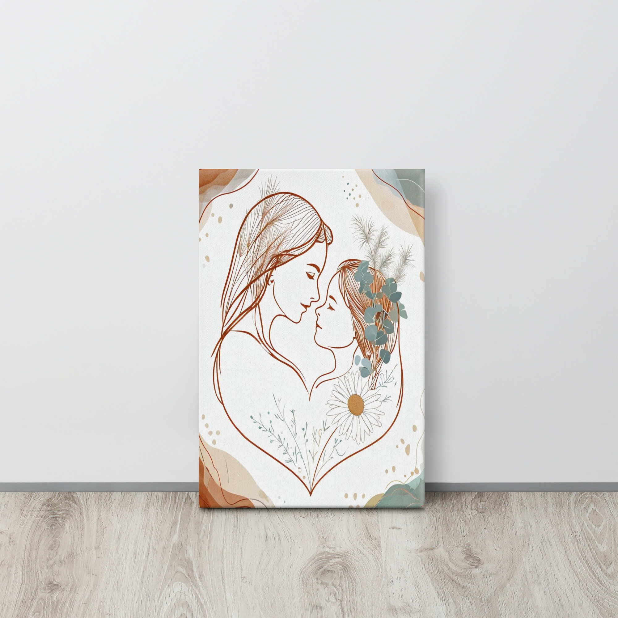 Canvas artwork of mother and child touching foreheads, enclosed in a heart with floral accents and earthy tones.