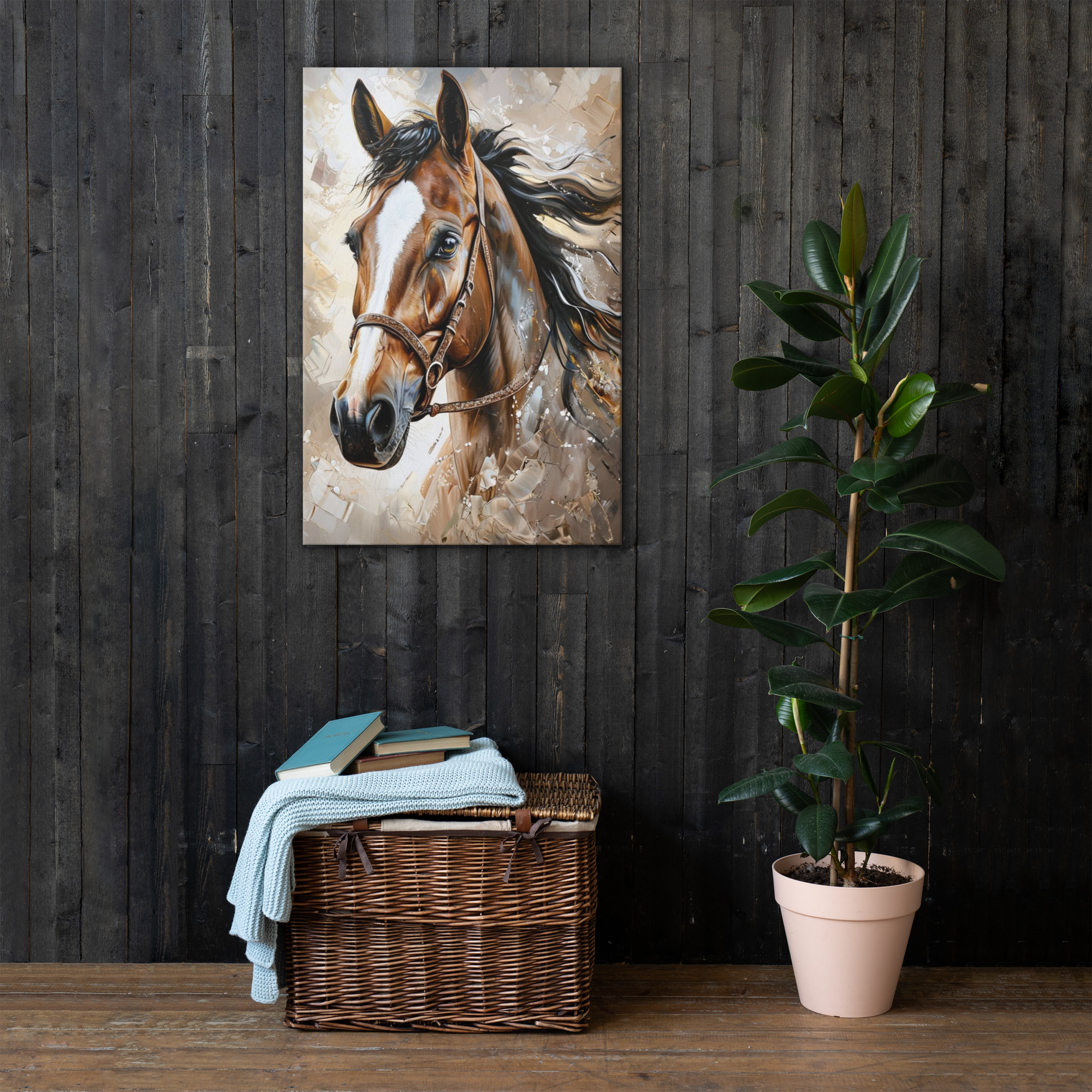 Western Horse Artwork showing realistic brown horse portrait with flowing dark mane in watercolor style