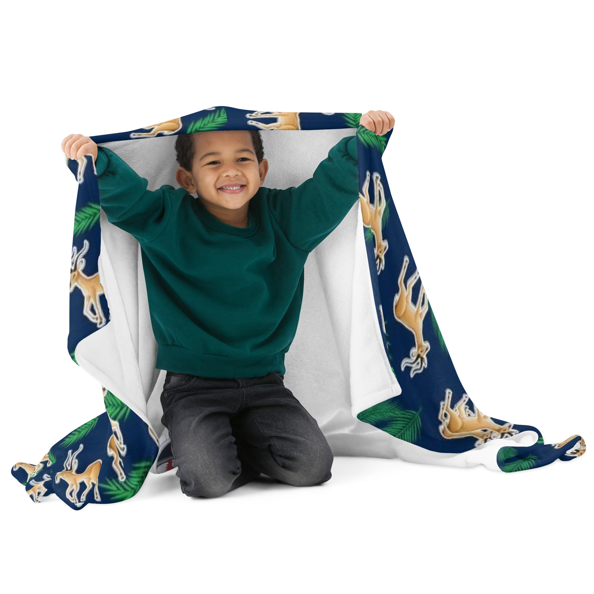 Safari wildlife blanket with elegant gazelles and tropical leaves design in natural green tones